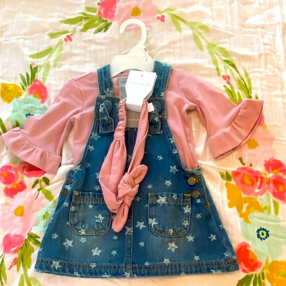 Brand new, overall dress with pink undershirt and pink headband!
